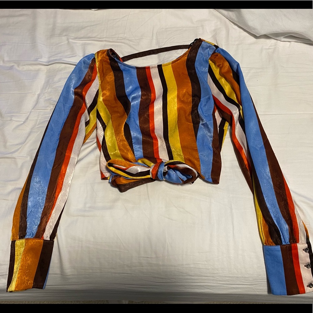 Multi-colored striped tie blouse crop top